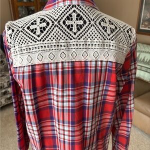 Red Plaid Shirt Lace Accent M/L